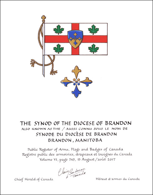 Letters patent granting heraldic emblems to The Synod of the Diocese of Brandon (also known as the Synode du Diocèse de Brandon)