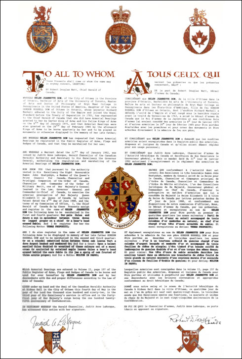 Letters patent registering the Arms of Helen Jeannette Dow