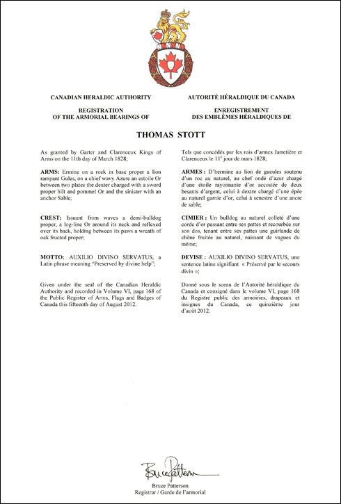 Lettres patentes enregistrant les emblémes héraldiques de Thomas Stott