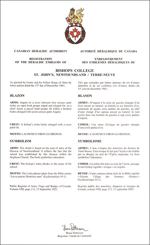 Letters patent registering the heraldic emblems of Bishops College