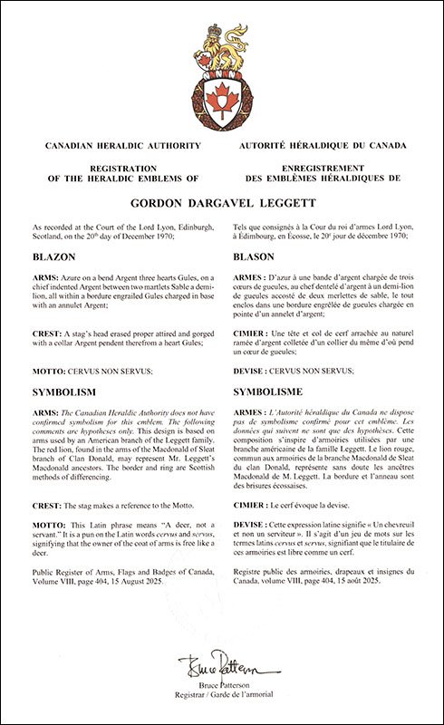 Letters patent registering the heraldic emblems of Gordon Dargavel Leggett