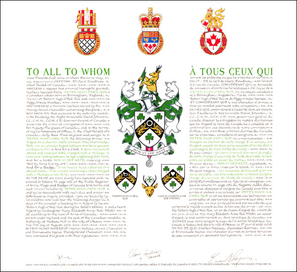 Letters patent granting heraldic emblems to Peter Hugh O’Neil Roe