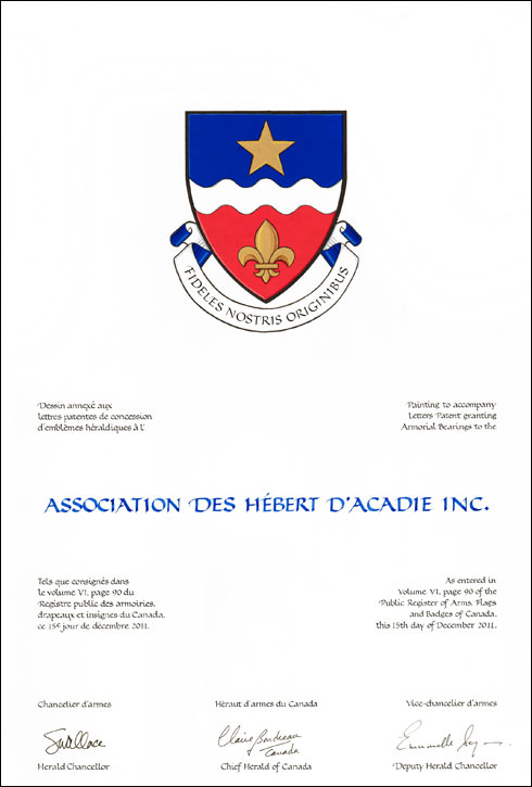 Lettres patentes concédant des emblèmes héraldiques à l'Association des Hébert d’Acadie Inc.