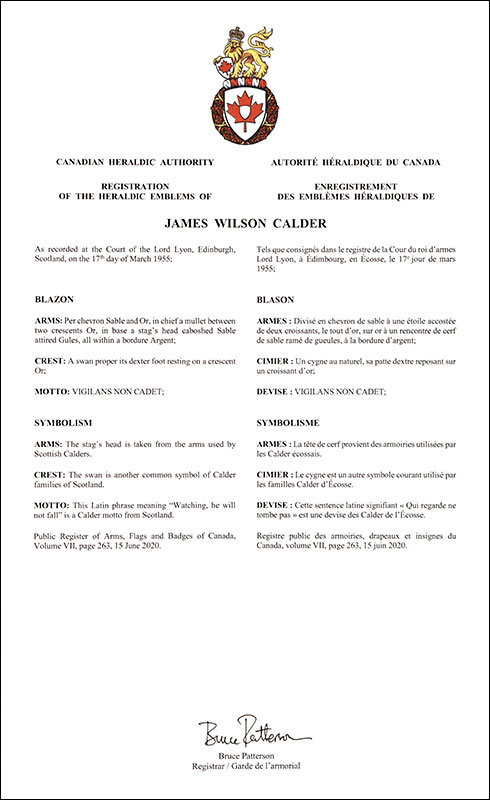 Lettres patentes enregistrant les emblèmes héraldiques de James Wilson Calder