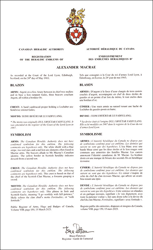 Letters patent registering the heraldic emblems of Alexander Macrae