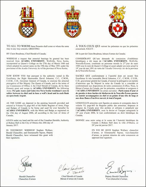 Lettres patentes concédant des emblèmes héraldiques à l'Acadia University