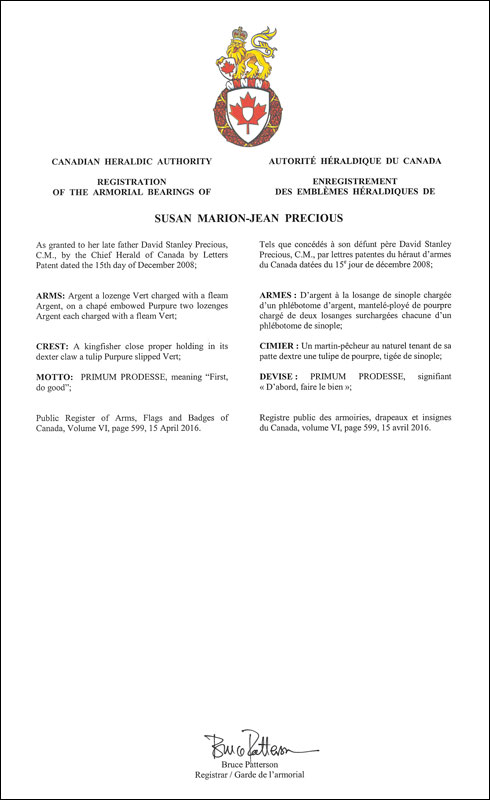 Letters patent registering the heraldic emblems of Susan Marion-Jean Precious
