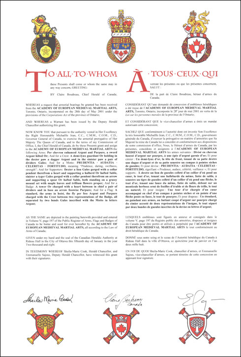 Lettres patentes concédant des emblèmes héraldiques à la Academy of European Medieval Martial Arts