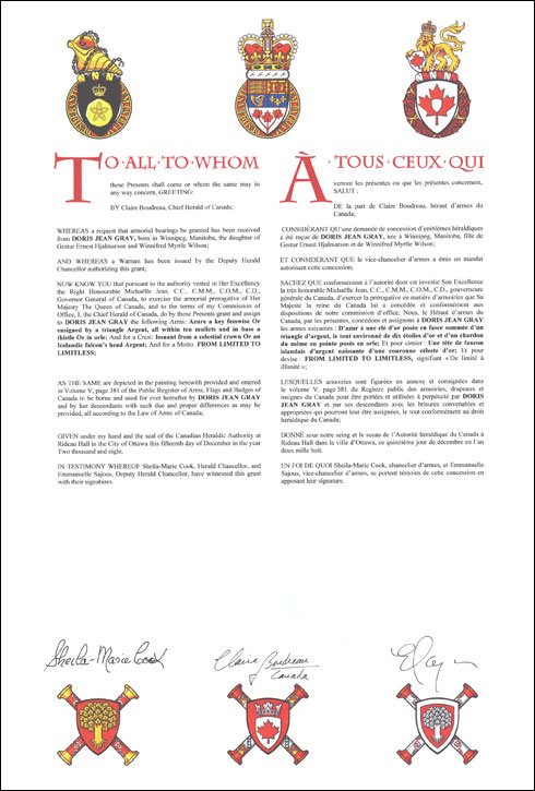 Letters patent granting heraldic emblems to Doris Jean Gray