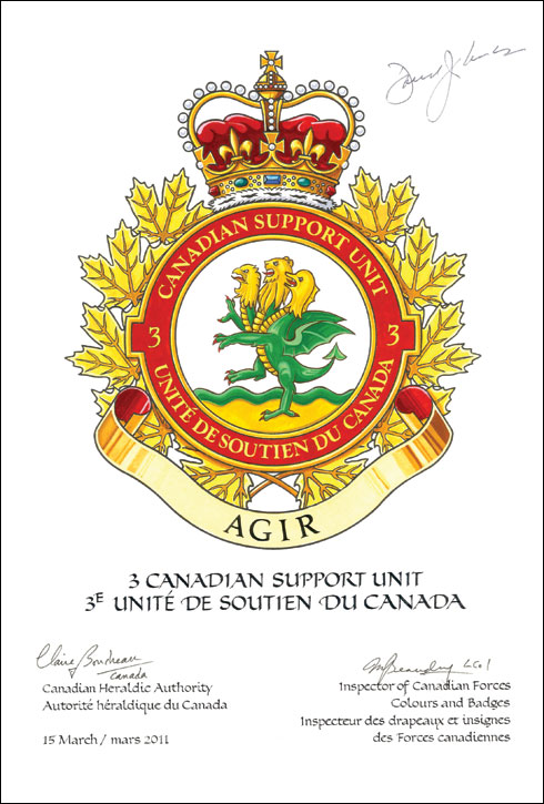 Lettres patentes confirmant l'insigne du 3e Unité de soutien du Canada
