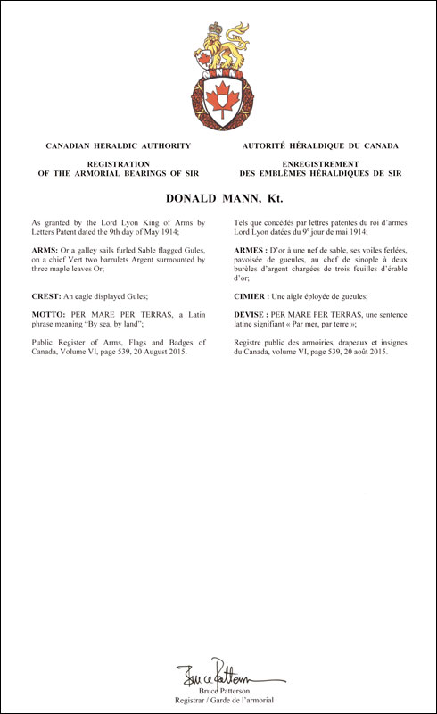 Letters patent registering the heraldic emblems of Donald Mann