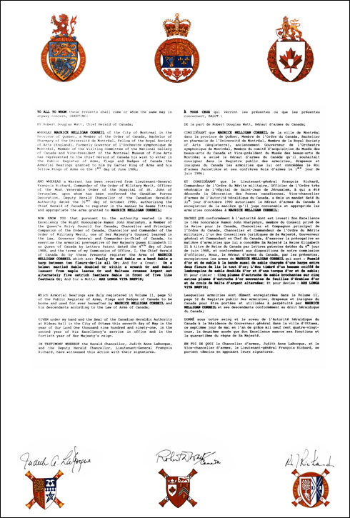 Letters patent registering the heraldic emblems of Maurice Nelligan Corbeil