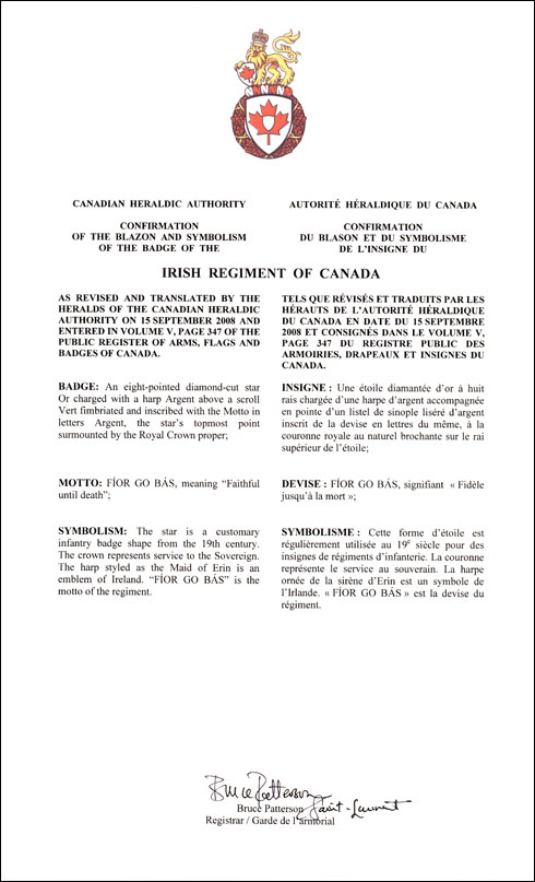 Letters patent confirming the blazon of the Badge of the Irish Regiment of Canada
