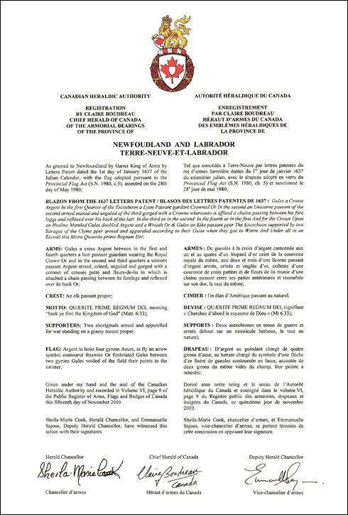 Lettres patentes enregistrant les emblèmes héraldiques de la Province de Terre-Neuve-et-Labrador