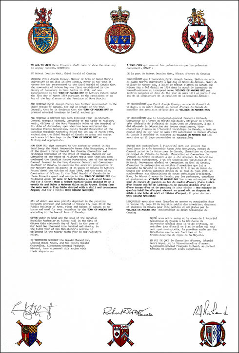 Letters patent granting heraldic emblems to the Town of Mahone Bay
