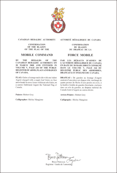 Lettres patentes confirmant le blasonnement du drapeau de la Force mobile
