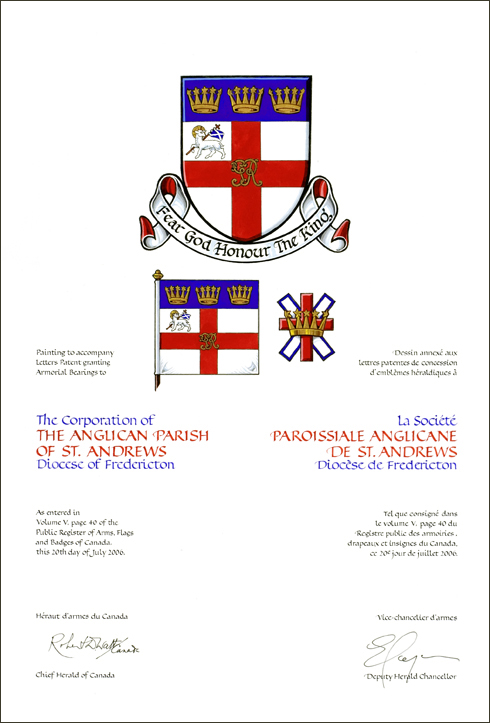 Lettres patentes concédant des emblèmes héraldiques à La Société paroissiale anglicane de St. Andrews