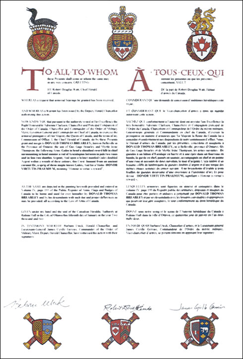 Letters patent granting heraldic emblems to Donald Thomas Brearley