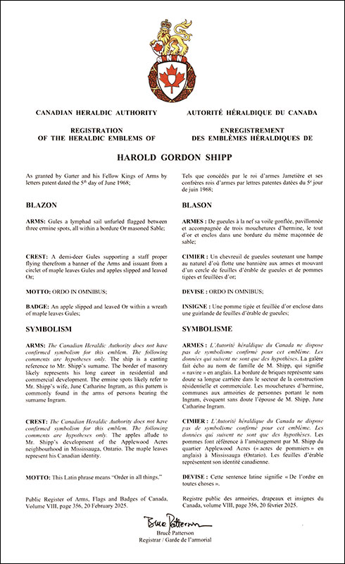 Lettres patentes enregistrant les emblèmes héraldiques de Harold Gordon Shipp