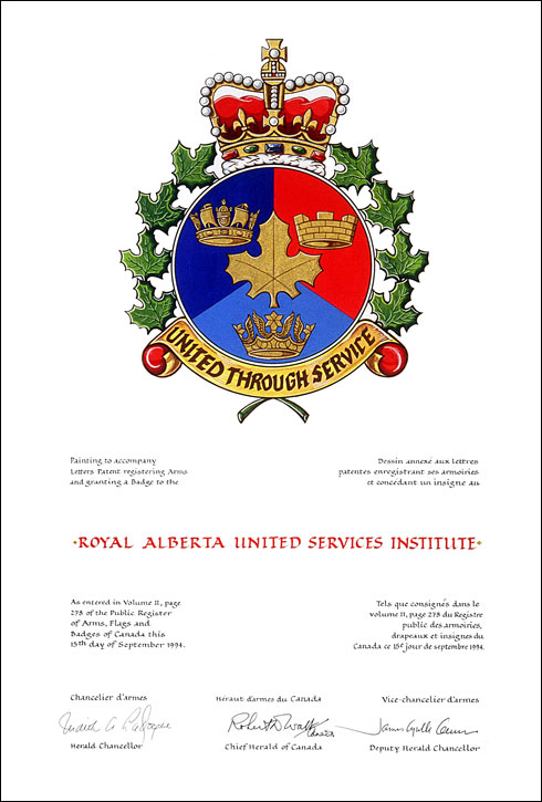 Lettres patentes concédant un insigne au Royal Alberta United Services Institute