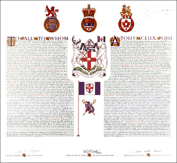 Letters patent granting heraldic emblems to Bishop's University