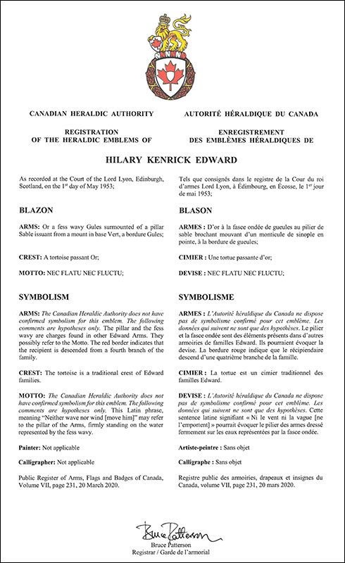Lettres patentes enregistrant les emblèmes héraldiques de Hilary Kenrick Edward