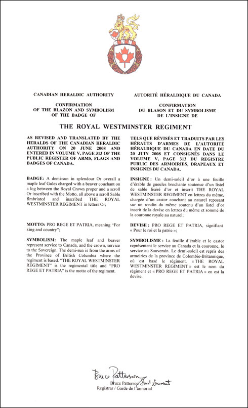 Letters patent confirming the blazon of the Badge of The Royal Westminster Regiment
