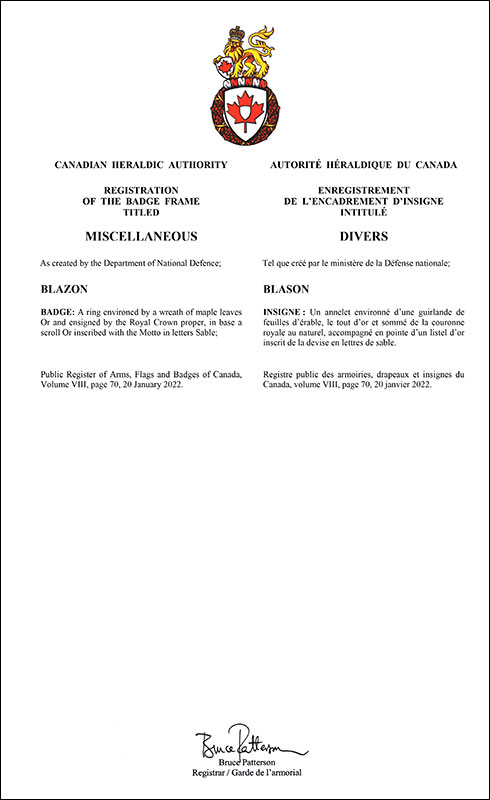 Lettres patentes enregistrant l’encadrement d’insigne des unités diverses des Forces armées canadiennes