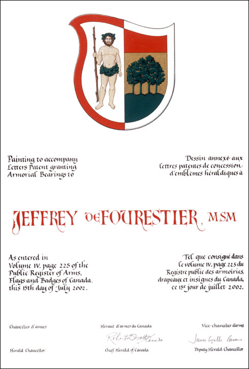 Letters patent granting heraldic emblems to Jeffrey de Fourestier