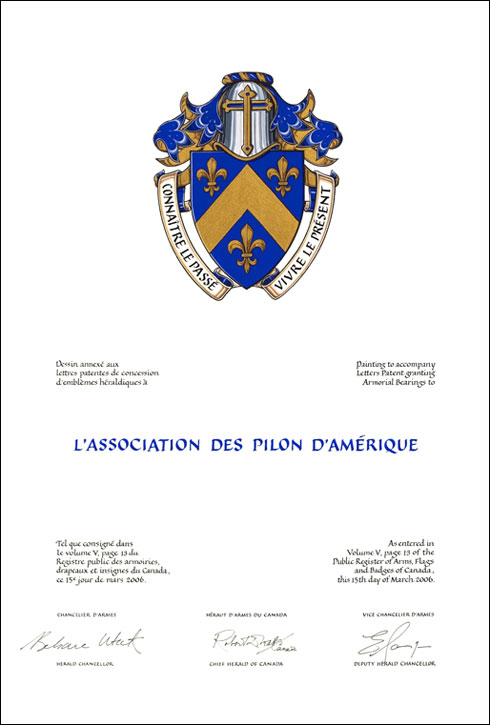 Lettres patentes concédant des emblèmes héraldiques à L’Association des Pilon d’Amérique