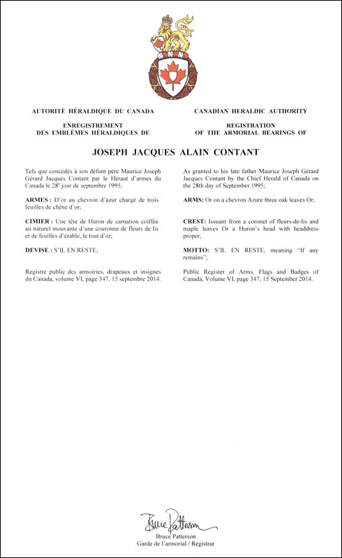 Letters patent registering the heraldic emblems of Joseph Jacques Alain Contant
