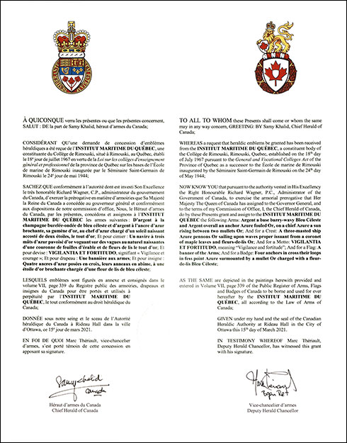 Lettres patentes concédant des emblèmes héraldiques à l'Institut maritime du Québec