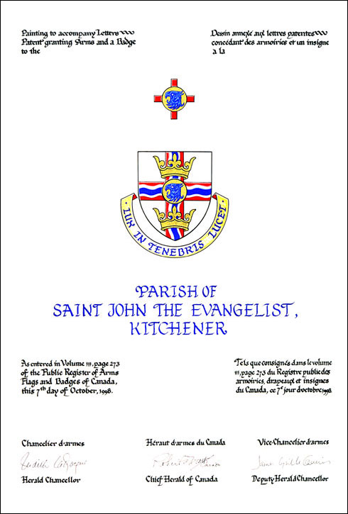 Letters patent granting heraldic emblems to the Parish of Saint John the Evangelist
