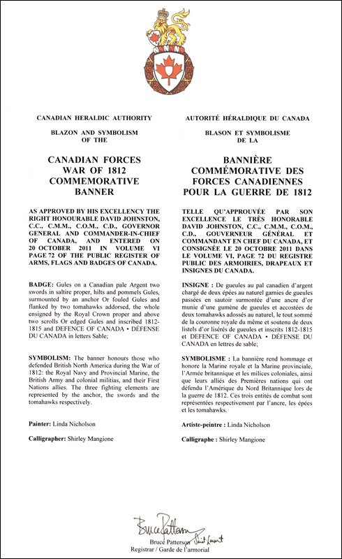 Lettres patentes approuvant la Bannière commémorative des Forces canadiennes pour la guerre de 1812