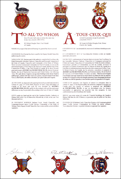 Letters patent granting heraldic emblems to Jeffrey de Fourestier
