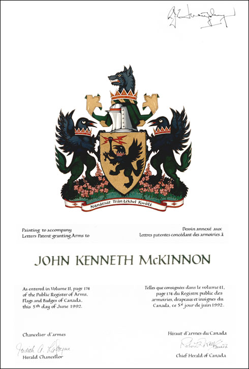 Letters patent granting heraldic emblems to John Kenneth McKinnon