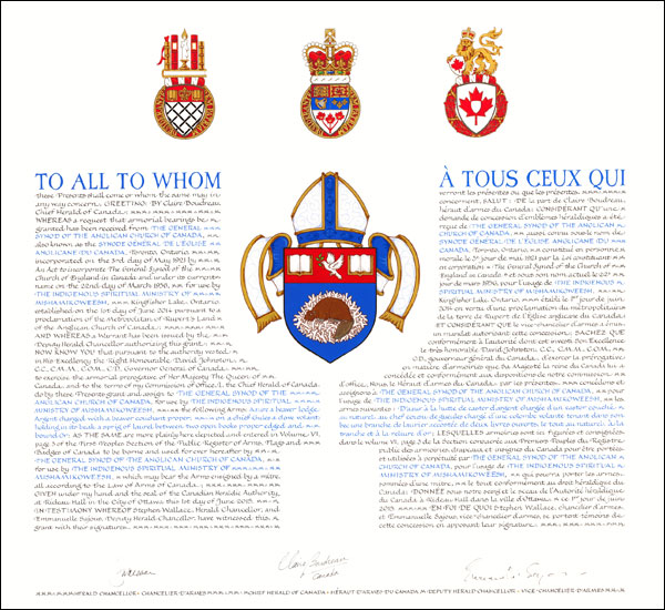 Lettres patentes concédant des emblèmes héraldiques pour l'usage de The Indigenous Spiritual Ministry of Mishamikoweesh