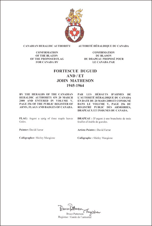 Letters patent confirming the blazon of the Proposed Flag: Fortescue Duguid and John Matheson, 1945-1964