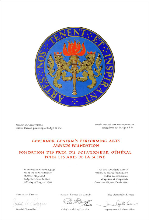 Lettres patentes concédant un insigne à la Fondation des prix du gouverneur général pour les arts de la scène