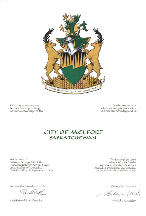 Letters patent granting heraldic emblems to the City of Melfort