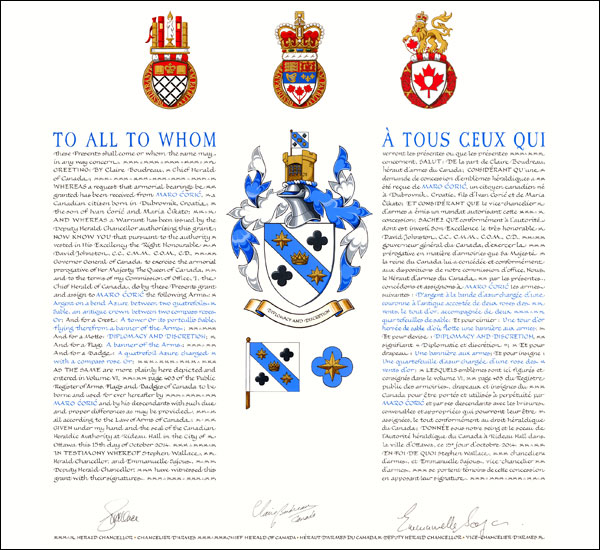 Letters patent granting heraldic emblems to Maro Ćorić