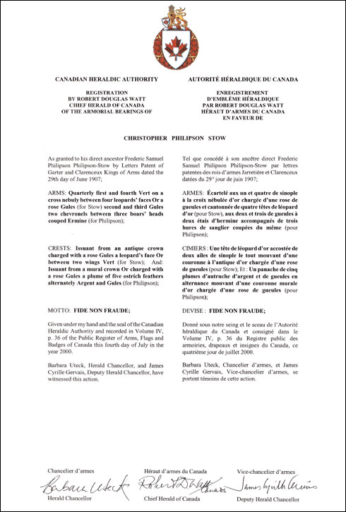 Letters patent registering the heraldic emblems of Christopher Philipson Stow