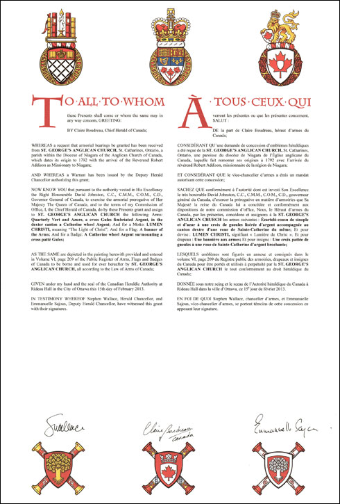 Letters patents granting heraldic emblems to St. George's Anglican Church (St. Catharines)