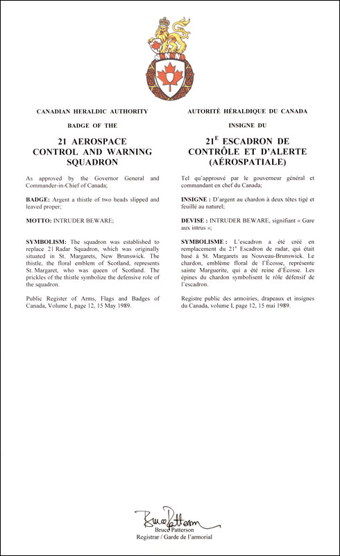 Lettres patentes approuvant l’insigne du 21e Escadron de contrôle et d'alerte (Aérospatiale)