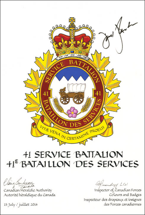 Lettres patentes approuvant l’insigne du 41e Bataillon des services