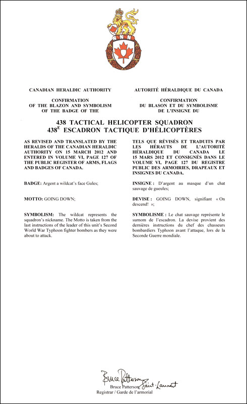 Lettres patentes confirmant le blasonnement de l'insigne du 438e Escadron tactique d’hélicoptères