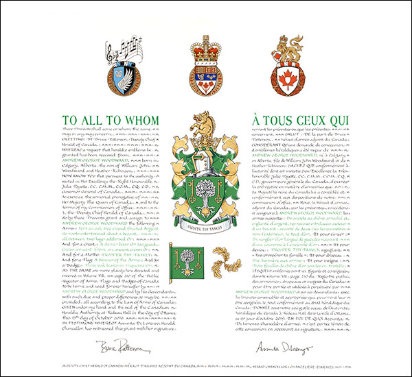 Lettres patentes concédant des emblèmes héraldiques à Andrew George Woodward