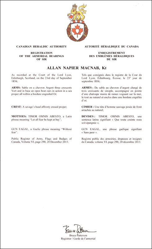 Lettres patentes enregistrant les emblèmes héraldiques d'Allan Napier MacNab