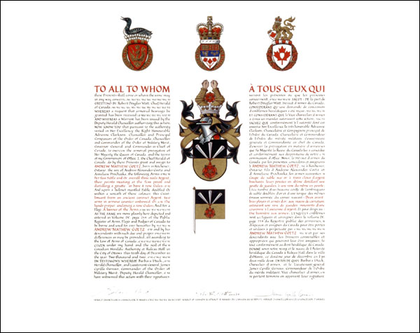Letters patent granting heraldic emblems to Andrew Mathew Goetz