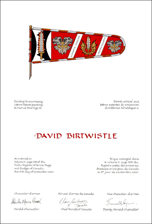 Letters patent granting heraldic emblems to David Birtwistle